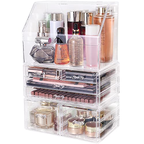 SuoXing Dust Proof Makeup Organizer for Vanity,Bathroom Countertop,Clear Cosmetic Storage Organizer With 6 Drawers for Beauty,Skincare Products Organizing Containers