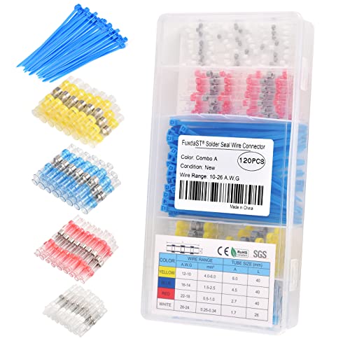 FuxdaST 120+50 PCS Solder Seal Wire Connectors Kit, 120 PCS Quick Solder Wiring Tubes + 50 PCS Zip Ties, Marine Grade Heat Shrink Butt Connectors, Waterproof Insulated Electrical Butt Splice Terminals