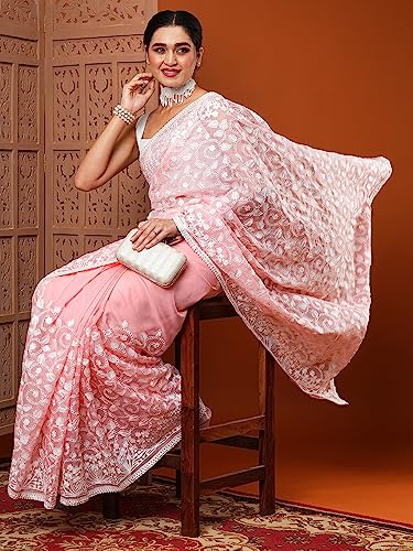 Image of AKHILAM Women's Botanical Embroidered Designer Organza Saree With Unstitched Blouse Piece (7KAVI701)