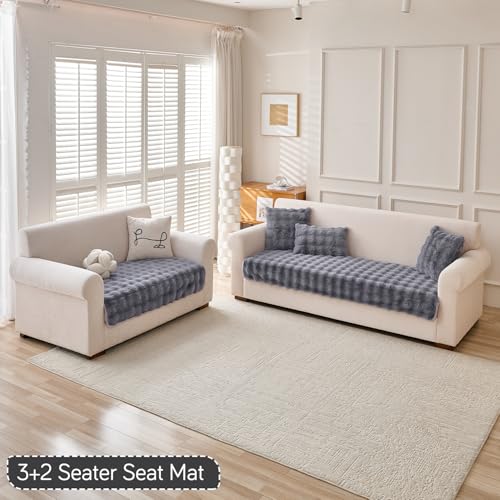 Image of HOKIPO 'FurHug' Luxury Faux Rabbit Fur 5 Seater Sofa Mat in 3 Seater and 2 Seater Configuration, Cool Grey (AR-5013-5)