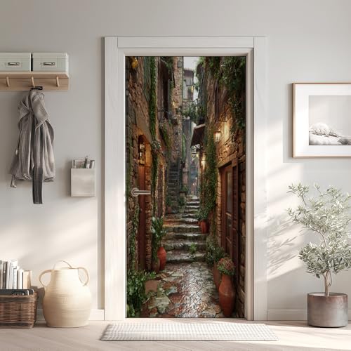 Italien Poster de Porte 3D Trompe L'Oeil 73x205 cm, Ruelle Urbaine Auto-Adhésif Sticker Porte pour Chambre Cuisine, Scène de Rue Stickers Autocollants de...