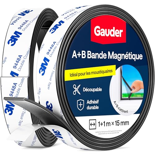 GAUDER Bande Magnétique A+B pour Moustiquaires - Bandes Magnétiques Autocollantes avec Forte Attraction Mutuelle - Ruban Magnétique avec Contrepartie & Adhésif Puissant (1+1 m)