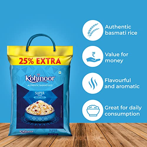 Image of Kohinoor Super Value Basmati Rice, 6.25 Kg (25% Extra)| | Authentic Long-Grain Basmati Rice (Up to 20 mm) | Aromatic, Flavorful I Ideal for Pulao & Plain Rice (Pack of 2)