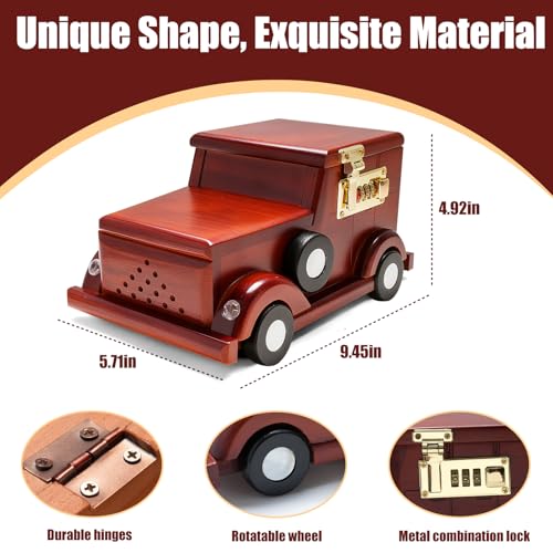 Image of Solid Wood Car Model Piggy Bank Saving Box 9.45''L | Dual Currency Storage | Password Lock Design |Vehicle Collection Desk Cabinet Office Home Decor | Creative Gift Collectible