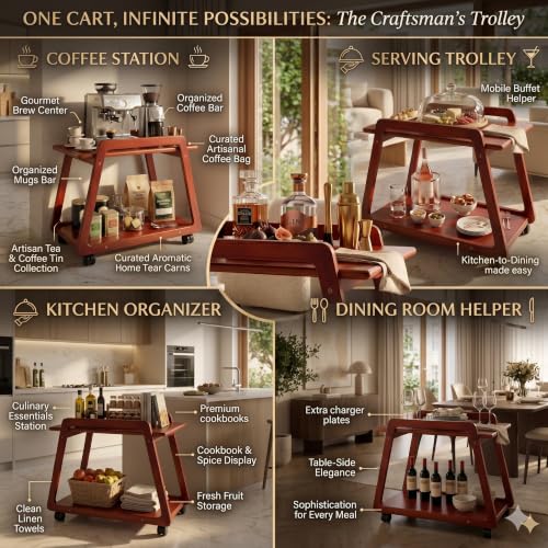Image of Premium Solid Wood Multipurpose Kitchen Trolley & Serving Cart with Wheels | Portable Side Table for Living Room & Office | Stylish Wooden Furniture with Smooth Rolling Casters-Walnut