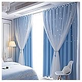カーテン 遮光 一体型 2倍ヒダ 透かし彫り オーダー可能 北欧 かわいい おしゃれ (青, 幅150cm 丈110cm (1枚))