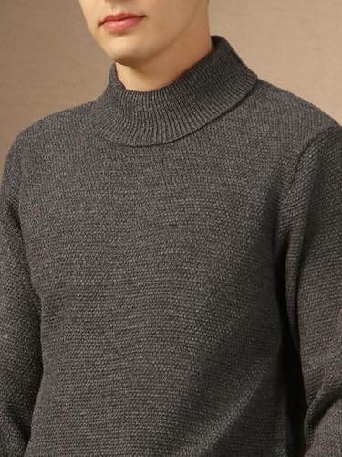 Image of Dennis Lingo Men Grey Solid Slim Fit Full Sleeve Turtle Neck Pullover