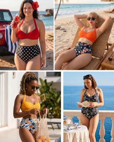 Image of Holipick Women High Waisted Bikini Set Two Piece Swimsuit Tummy Control Bathing Suit Vintage Halter Swimwear