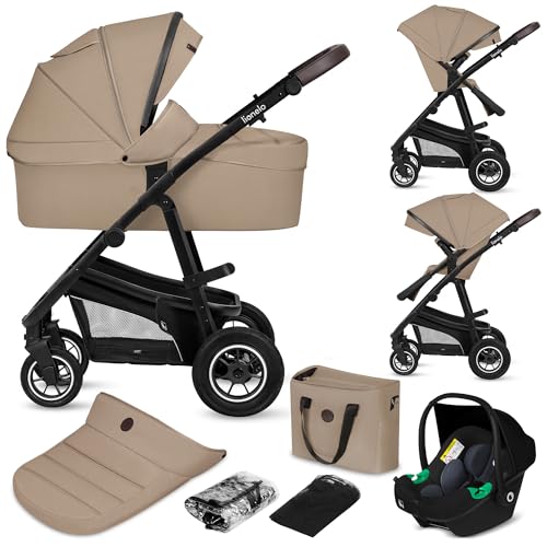 LIONELO BIANKA Cochecito de Bebé 3 en 1 (22 kg) Portabebés (9 kg) Silla de Coche (13 kg), Plegable, Sistema de Viaje Respaldo Ajustable Ruedas 360o Amortiguación, Capota XXL, Carrito de Bebe (Beige)