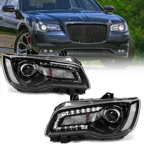 FIONE Halogen Headlights Compatible with Chrysler 300/300C 2015 2016 2017 2018 Headlamp Assembly with Black Bezel Left Driver + Right Passenger Side
