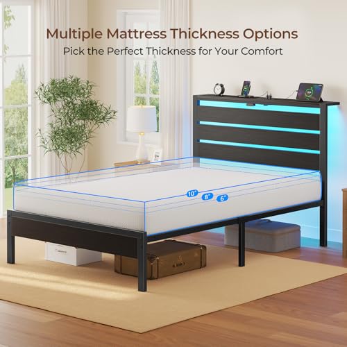 Image of Rolanstar Twin Bed Frame with 6 Inch Gel Memory Foam Mattress, LED Metal Platform Bed with USB Charging & Storage Headboard, Black, CertiPUR-US Certified Mattress