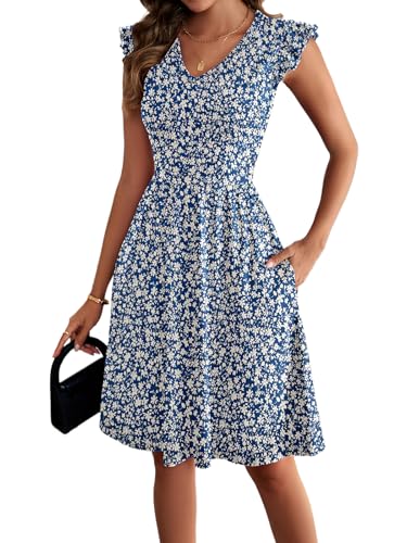 Image of HELYO Women's Summer Dresses Cute V Neck Ruffle Sleeve Cocktail Short Work Casual Dress with Pockets 648