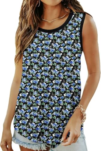 KISSMODA Womens Flora Print Tank Tops Ribbed Summer Shirt Sleeveless Summer Casual Women Blouses(S-3XL)