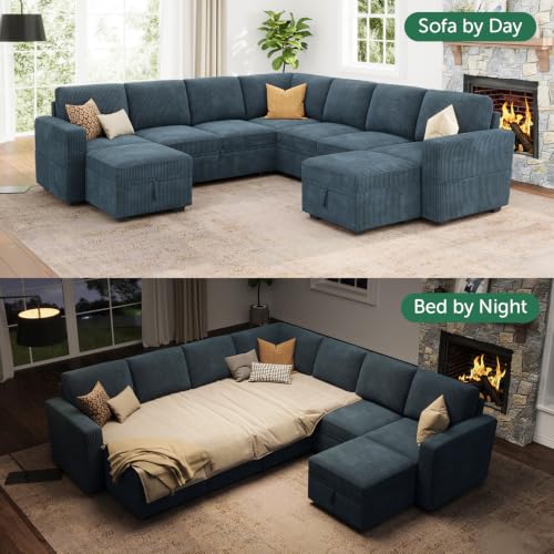 Image of HONBAY Modular Sectional Sleeper Sofa with Pull Out Couch, Corduroy Oversized Sectional Couches Pull Out Bed with U Shaped Sleeper Storage for Living Room - Blue