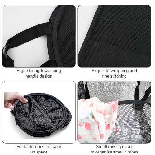 Dokeno Wäschekorb Faltbar, Pop-Up Wäschesammler mit Henkel Tragbarer Netzstoff Wäschekorb, Wäschekörbe für die Aufbewahrung von Kleidung und Kleinigkeiten für College Dorm Camping Reisen(Schwarz)
