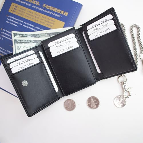 Image of boshiho Genuine Leather Bifold Chain Wallet for Men RFID Blocking | Heavy Duty Steel Anti-Theft Chain & 2 Zipper Coin Purse. Perfect for Bikers, Daily Commute, Gift for Dad /Husband