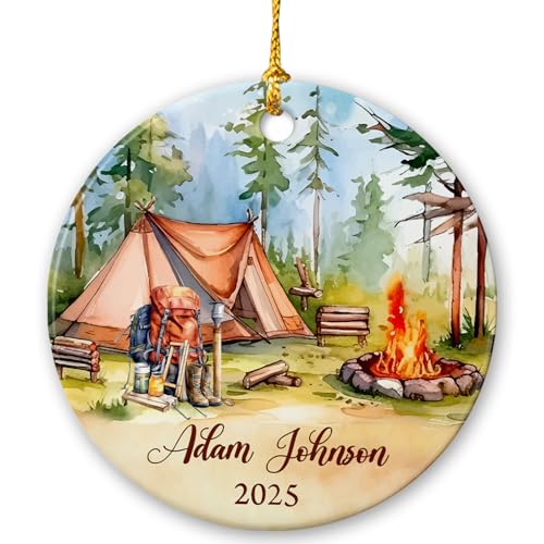Personalized Camping Ornament 2025 - Custom Name Camp Fire Gift for Christmas Tree Decor, Mountain Camp Lover, Outdoor Camper Xmas Ceramic Ornament