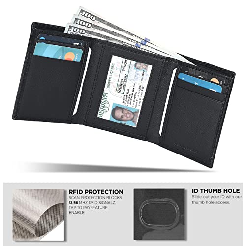 Image of Real Leather Mens Trifold Wallet RFID Blocking Slim Minimalist Front Pocket - Thin & Stylish with ID Window in Gift Box, Carbon Black-No Box, Trifold
