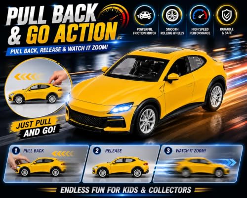 Image of TEC TAVAKKAL 1:36 Scale Diecast Metal Toy Car with Openable Doors, Pull-Back Action, LED Lights & Music - Premium Mini Sports Car Model for Kids & Collectors (Porsche Yellow)