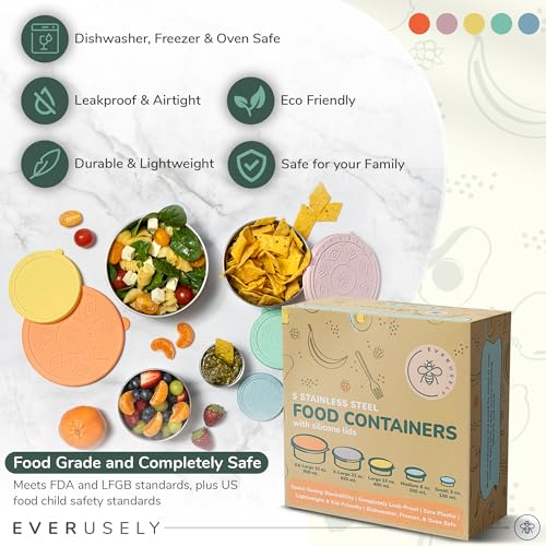 Everusely Stainless Steel Containers with Lids, Leakproof Stainless Steel Food Containers, Nesting Stainless Steel Snack Containers, Metal Lunch Container,Stainless Steel Lunch Box Containers