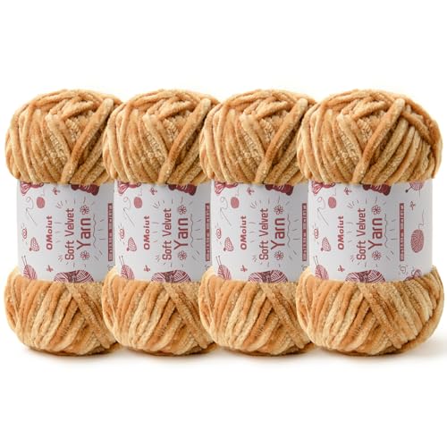 Image of 4x100g Fluffy Velvet Chenille Yarn for Crocheting and Knitting, 4x80m (87.5yd) Baby Yarn for Crocheting Soft, Crochet Chunky Yarns Amigurumi Yarns (4 Khaki)