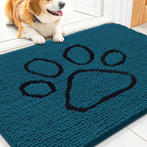 Image of Smiry Dog Door Mat for Muddy Paws, Absorbent Dirt Trapper Non Slip Quick Dry Washable Chenille Mat for Mud Dogs, Entry Rug for Indoor and Outdoor (30x20 Inches, Atlantic Blue and Black)