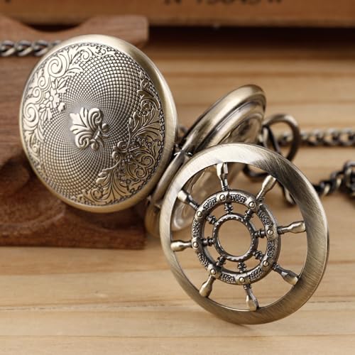 Image of Men's Mechanical Pocket Watch Black Rudder Pattern Double Open Hollow Roman Numerals Pocket Watch