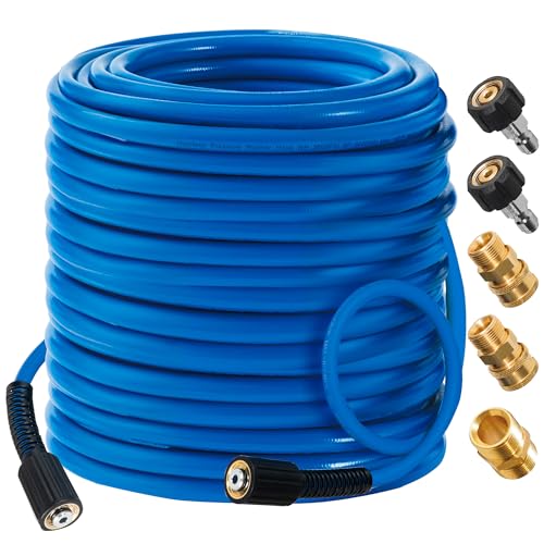 Hourleey Pressure Washer Hose 100 FT 3600 PSI Flexible Kink Resistant Power Washer Hose Replacement 1/4 Quick Connect Pressure Hose Extension With Leak-Free M22 x 3/8 Blue