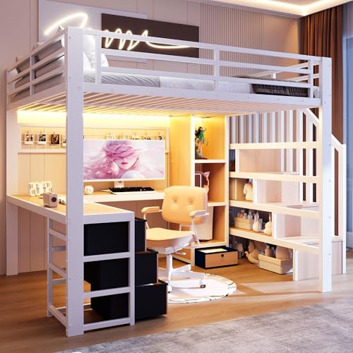 YCYDHDM Cama alta de metal 140 x 200 cm con escritorio y cajones, litera con escalera de almacenamiento y compartimento, diseño de valla de seguridad, cama para niños y adolescentes, color blanco