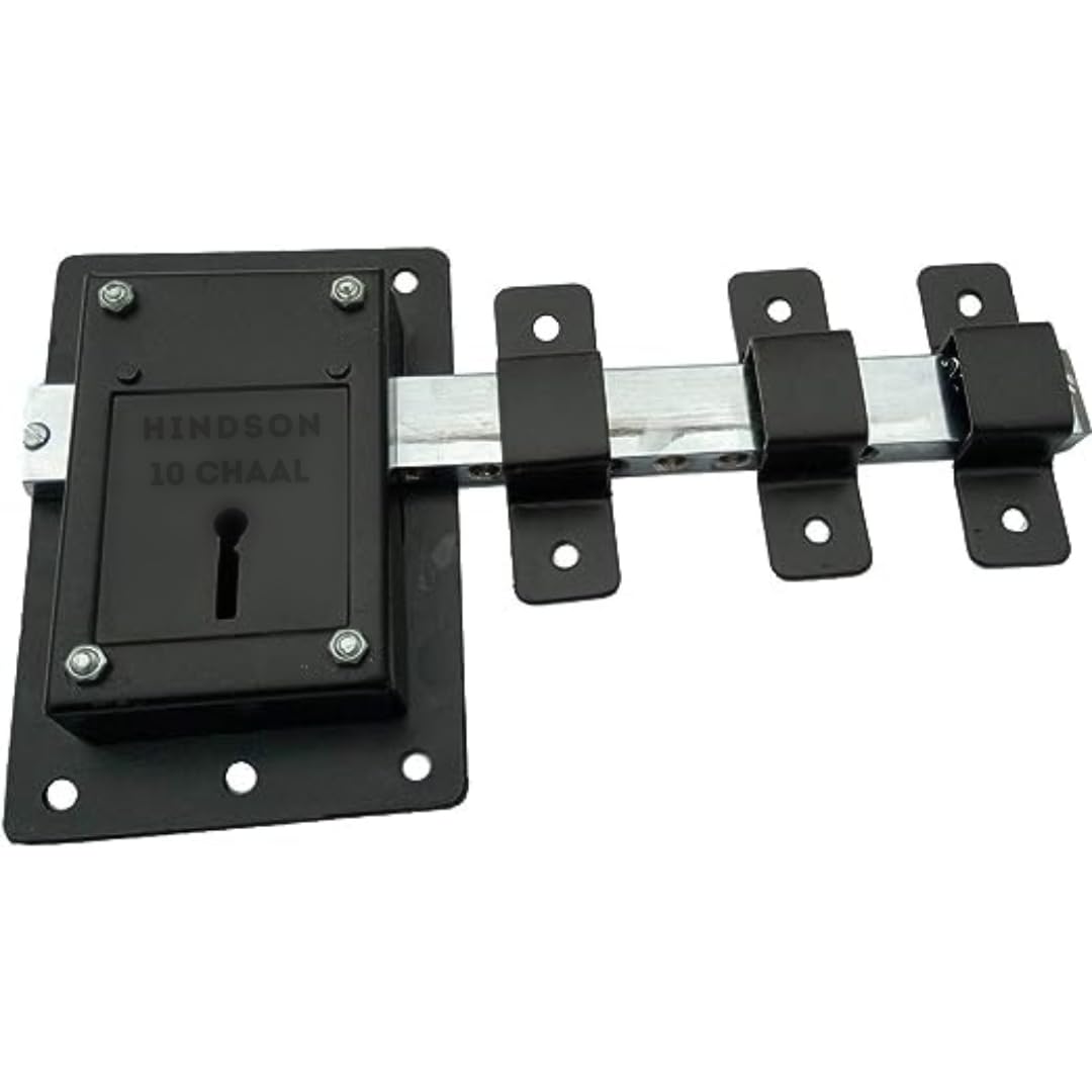 Hindson 10 Chal Iron Gate Lock | Heavy Duty 8 Lever Door Lock with 3 Keys | Double Side Operated Main Gate Lock for Home & Office | Strong Metal Body (Black Finish)