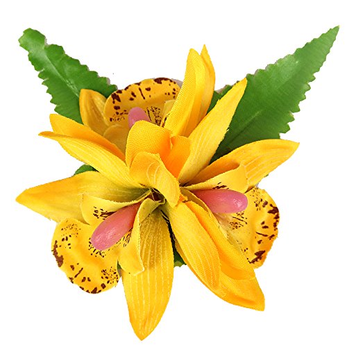 YOUBAMI Hawaiian Orchid Flower Hair Clips Hair Barrette And Pin For Bridal Wedding Party Beach Festivals Women Girls Accessories Pack Of 2 Pcs (Yellow)