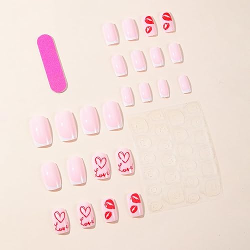 Miniatura 2 de Uñas postizas francesas blancas cuadradas medianas  WLGDLH Uñas postizas de San Valentín, uñas postizas rosas brillantes, uñas postizas a presión
