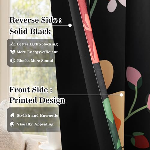 Image of MYSKY HOME Black Boho Floral Blackout Curtains 84 inch Length 2 Panels Set for Living Room Thermal Insulated Privacy Protect Black Out Flower Patterned Grommet Drape for Bedroom Dining Room, 52 inch x 84 inch
