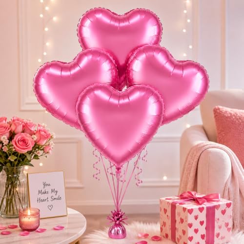 Image of Wanna Party Pink Heart Shape Foil Balloons | 18 Inch Heart Foil Balloon Set for Birthday, Anniversary, Valentine & Baby Shower Decoration | Air & Helium Supported | Pack of 4