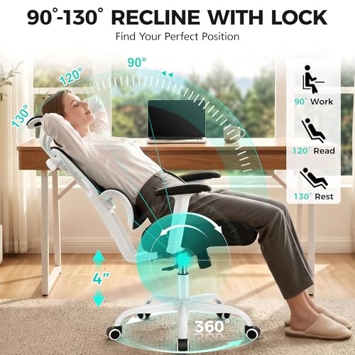 Image of Ergonomic Office Chair High Back Desk Chair with Lumbar Support, Breathable Mesh Computer Chair with Adjustable Armrests Height, Reclining Swivel Big and Tall Gaming Chair for Home Office(White)