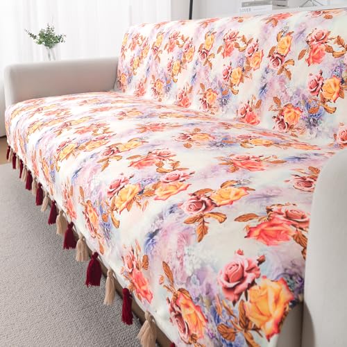 Image of HOKIPO Sofa Cover with Tassel for 3 Seater Sofa | Full Protection for Seat and Back | Printed Holland Velvet Fabric | 'Whispers of Nature' (160x175 cm), Vintage Rose Bloom (IN-1127-D12)