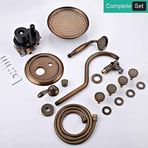 Homekicen Antique Brass Shower System - Faucets Sets Complete Wall Mounted 9" Rain Head With Handheld Spray And Body Jets Bathroom Fixtures Combo, 3 Way Diverter Rough In Valve Trim Kit #TOP6