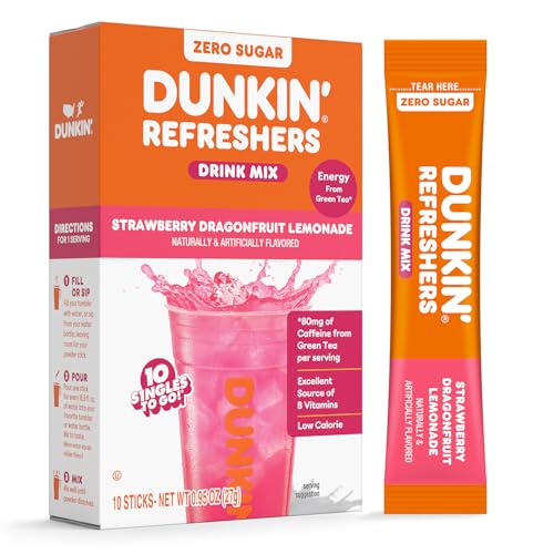 Dunkin’ Refreshers Singles To Go! Powdered drink mix packets, Strawberry Dragon fruit Lemonade, 10...