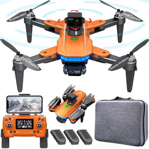 Lozenge 360° Obstacle Avoidance Brushless GPS Drone with Camera for Adults 4K Smart Follow Auto Return Long Battery Life Quadcopter HJ90 3 Battery (Orange)