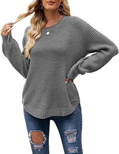 Image of MEROKEETY Women's Fall Long Sleeve Waffle Knit Oversized Sweater | Fall Fashion, Crew Neck, Tunic, Dressy Casual, Trendy, Cute, Pullover Tops, Long Lantern Sleeves, Loose Fit, Drop Shoulder