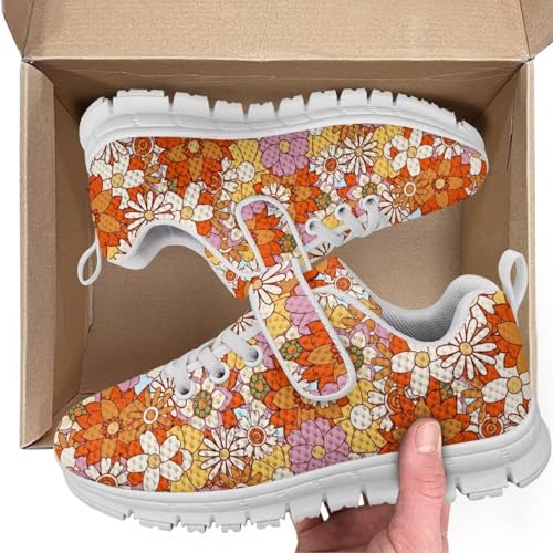 Boy Shoes Athletic Running Fashion Sneakers Walking Breathable Kids Girls Fitness Cross-Training Tennis Lightweight Shoes(Little Kid/Big Kid) White Sole Hippie Flowers Pattern2