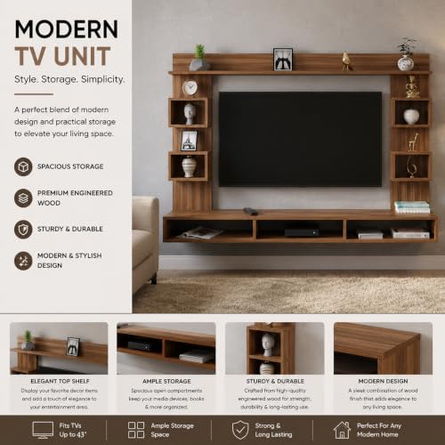 Image of FURNEASER Martin Modern Wall Mount TV Unit for Living Room Wooden Entertainment Center with Storage Shelves Modern TV Panel Stand Showcase for Up to 43 Inch Media Console Cabinet (Exotic Teak)