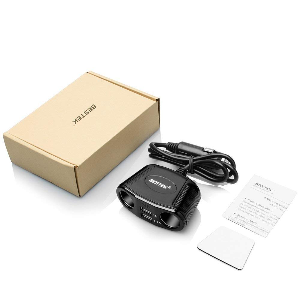 BESTEK Car Cigarette Lighter Adapter Socket Splitter 12V/24V with Dual USB Ports for Phone, GPS, Dashcam, Radar Detector and More