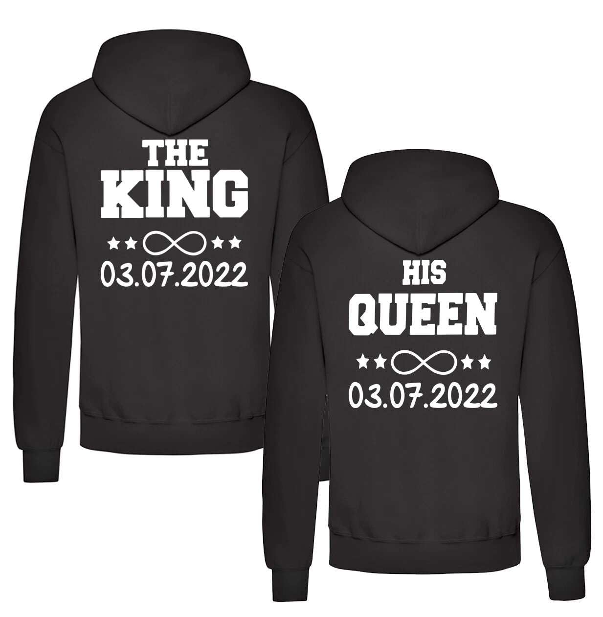 Herren & Damen The King & His Queen Hoodie Set mit Wunschdatum bedrucken lassen - Kapuzenpullover als Personalisierte Geschenke für Männer & Frauen - Pullover mit Kapuze für Freundin & Hochzeit