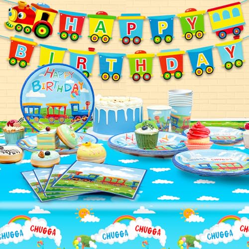 Zug Geburtstag Party Supplies Geschirr Set,16 Gäste Partygeschirr KinderGeburtstag, Zug Geburtstag Teller Servietten Partybecher Tischdecke Zug Banner Etctrain Kindergeburtstag Deko
