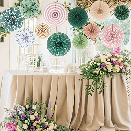 Image of Thenshop 12 Pcs Sage Green Hanging Paper Fans Boho Hanging Ceiling Decoration Vintage Floral Round Paper Fans Garden Themed Party Decor for Tea Party Wedding Garden Bridal Birthday Indoor Outdoor