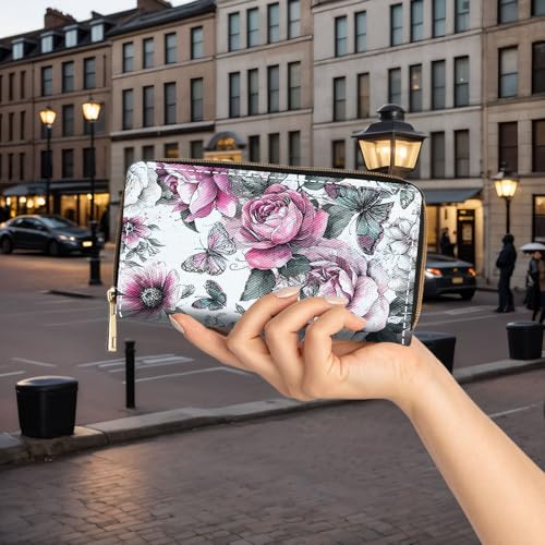 Wallet,Large Capacity RFID Blocking Leather Wallet, Durable Smooth Zipper Clutch,Unisex Travel Wallet for Cards,Cash,and Coins - Pink Rose Butterfly3