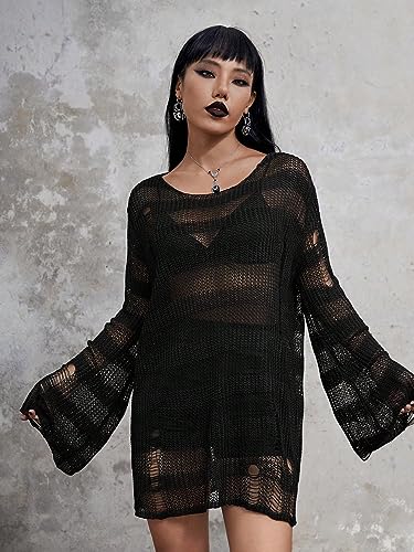 Verdusa Women's See Through Round Neck Drop Shoulder Sweater Long Flare Sleeve Knit Top4