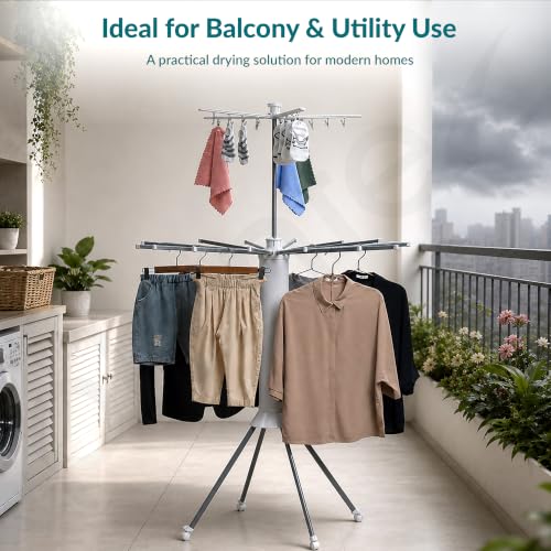 Image of Plantex Cloth Stand for Home /Foldable Rotating Cloth Drying Rack /360 Cloth Stand with Lockable Wheel /Indoor & Outdoor Cloth Hanger - Pack of 1 (White)