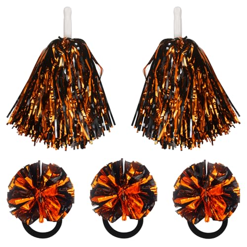 Lovecheer 5PCS Black and Orange Pom Poms Cheerleading and Hair Ropes Pompoms Cheerleader Costume for Team Spirits Basketball Halloween Easter Dance Performance